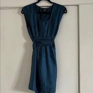 H&M Deep Teal Cap-Sleeve Pleated Waist Mini Dress